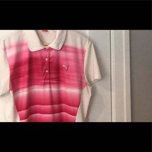 Women’s size extra-large, Kuma, pink, and white golf polo